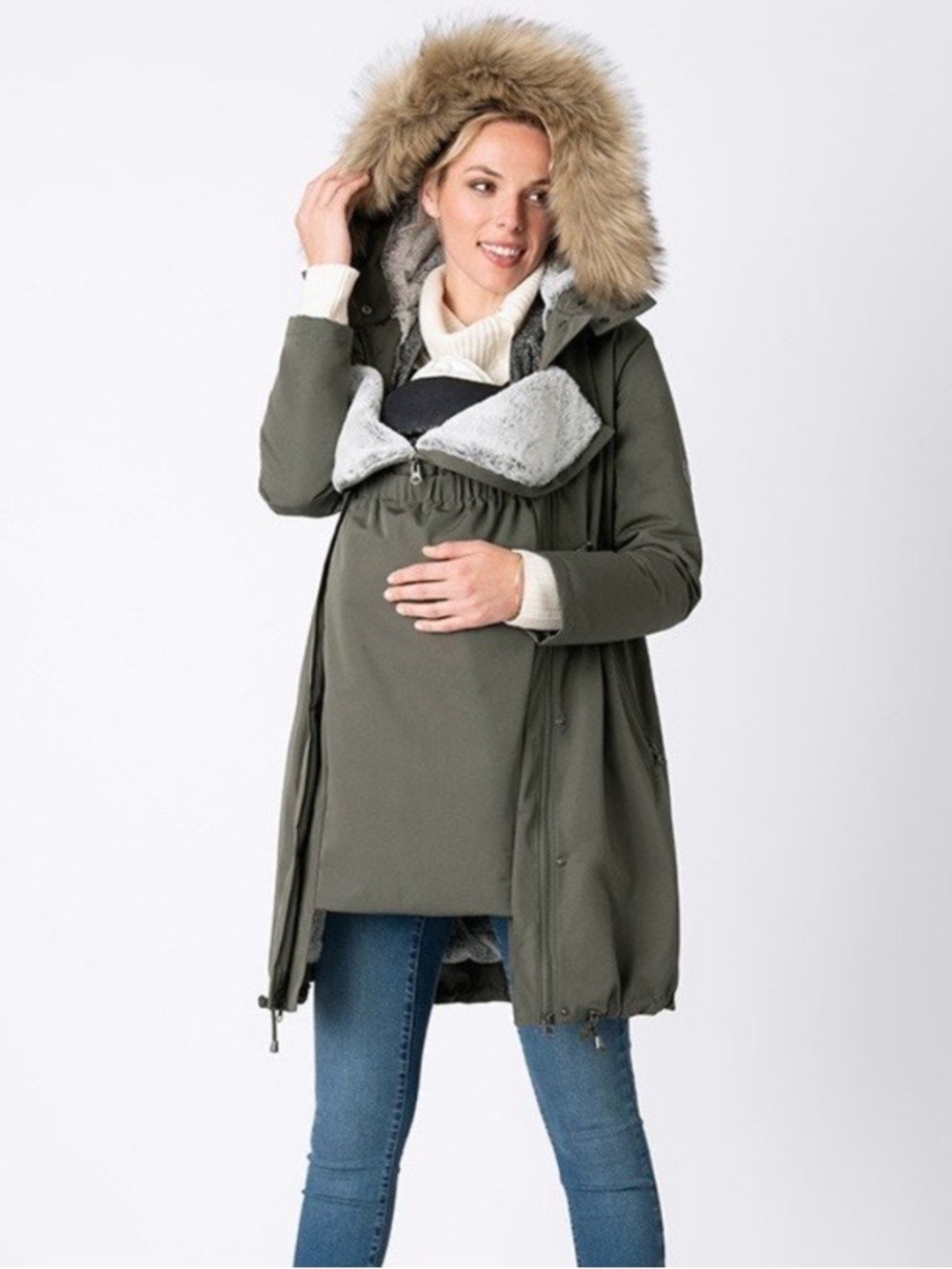Seraphine 3-in-1 warm olive Maternity Puffer Coat with Faux-Fur Hood